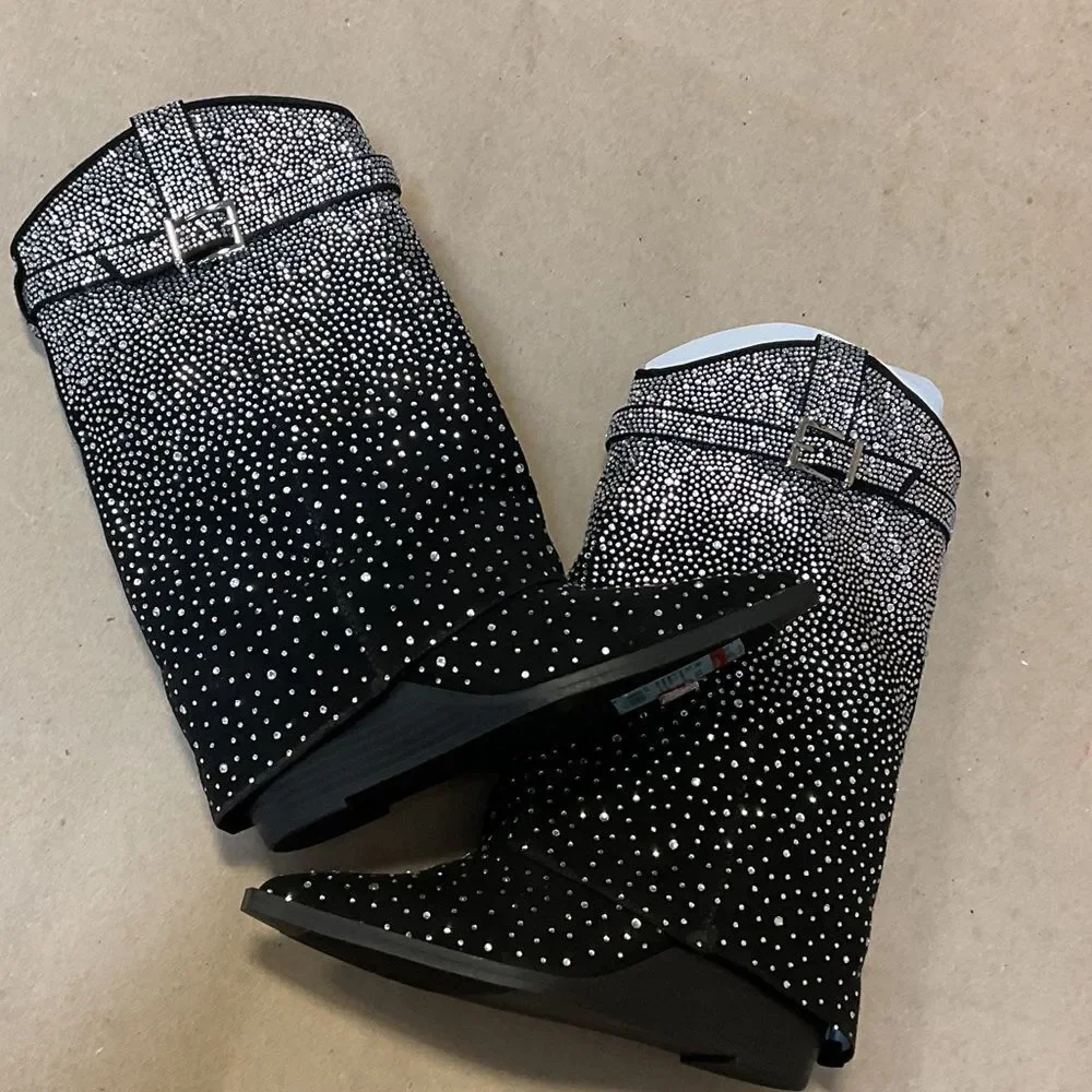 Madden Girl Black and White Rhinestone Heeled Boots - Picture 5 of 5